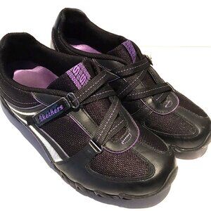 Skechers Women Black & Purple Leather Textile Walking Shoes Size 9.5 like New